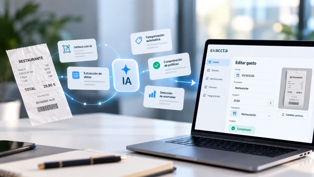 Flujo de IA en gestión de gastos: lectura del ticket, extracción de datos, categorización y registro en Exaccta