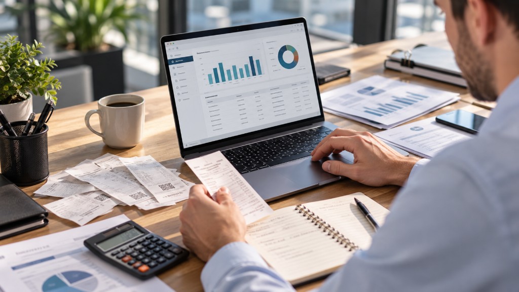 Responsable financiero revisando tickets y el cierre contable mensual en el portátil