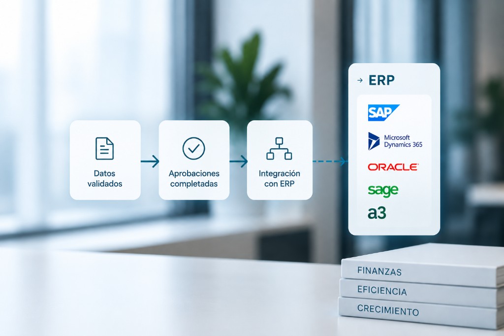 Flujo de integración de gastos con ERP: datos validados, aprobaciones e integración con sistemas contables