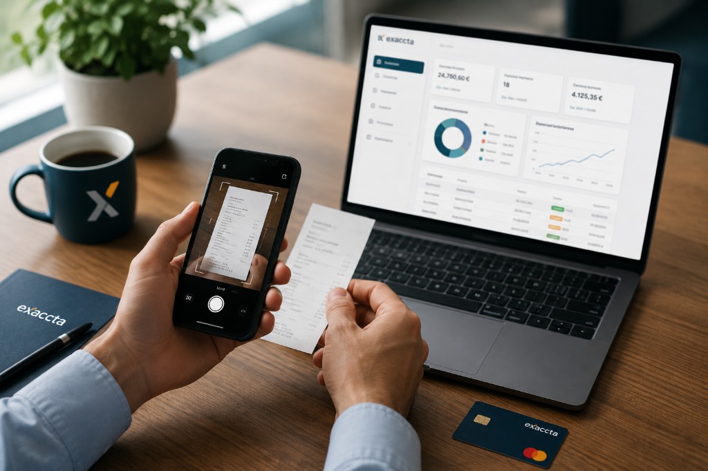 Captura de ticket con la app Exaccta y panel de gestión de gastos en el portátil