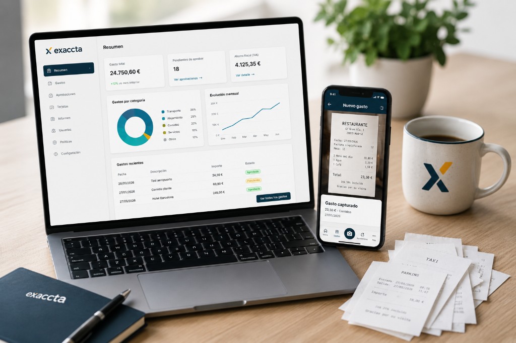 Dashboard de Exaccta en portátil y app móvil con gasto capturado por OCR